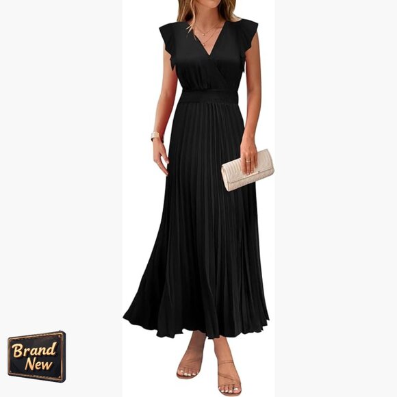 Women's Maxi Dress V Neck Ruffle Sleeves Empire Waist Pleated Flowy Wedding